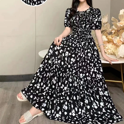 Summer New Cotton Silk Dr Casual High Waist Floral Print Beachwear Outerwear Slimming Waist Long Skirt A-Line Gown