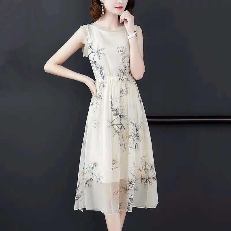 Summer New Elegant Fashion Printing Tank Dress Ladies Sleeveless Holiday Casual Robe Women Drawstring Waist A-line Midi Vestidos