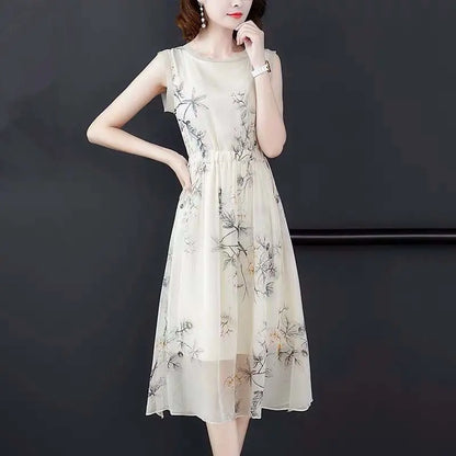 Summer New Elegant Fashion Printing Tank Dress Ladies Sleeveless Holiday Casual Robe Women Drawstring Waist A-line Midi Vestidos