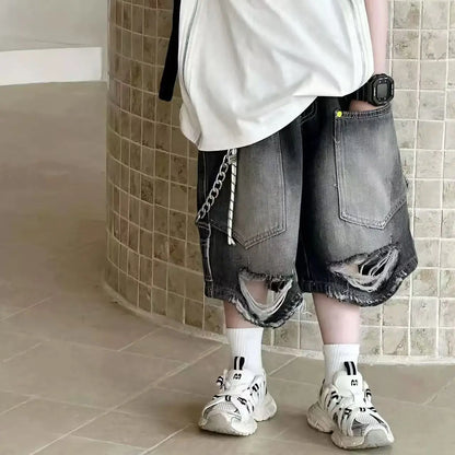 Boy Handsome Korean Version Sleeveless Vest + Retro Ripped Denim Shorts Two-piece Set Children's Casual Loose Set