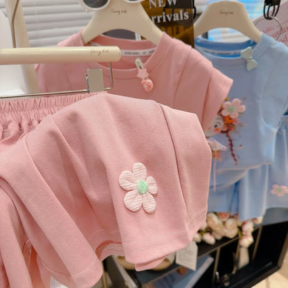 Korean Fresh Style Summer Set Cute Short Sleeve Top & High-Waist Shorts for Girls, 2-Piece Outfit