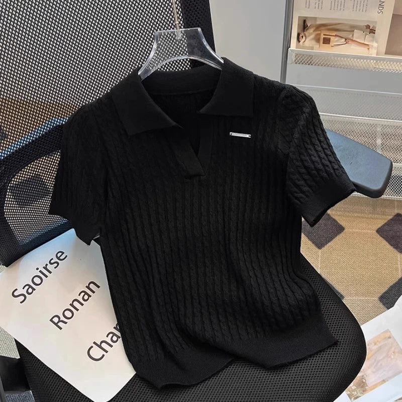 White  irt ort Sve Knitted Top Women's oulder Straight Summer T-irt Commute Sle Korean Version Straight Tube