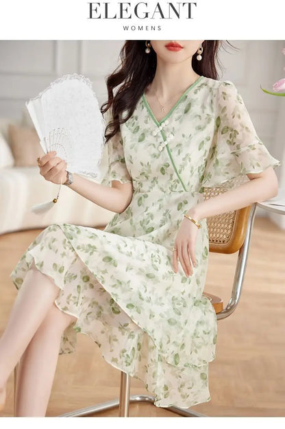 Women's Green Floral Print Chiffon Dress V Neck Ruffle Sleeve Double Layer Hem Casual Midi Dress