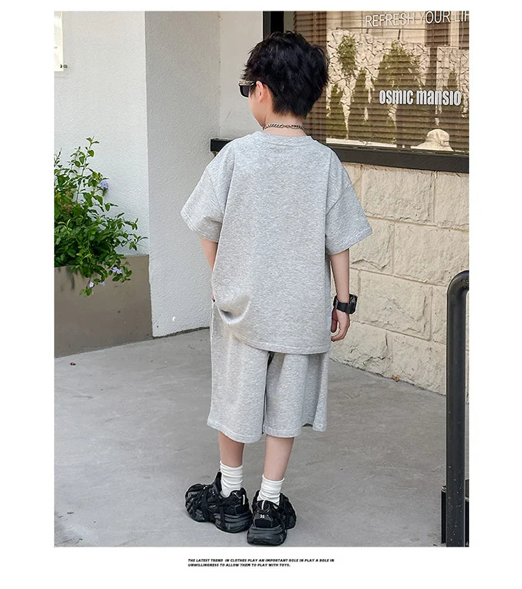American Kids Design Double Cotton Gauze Clothing Set For Teenage Boy Casual Summer Top and Bottom Clothes Set Child Tracksuit