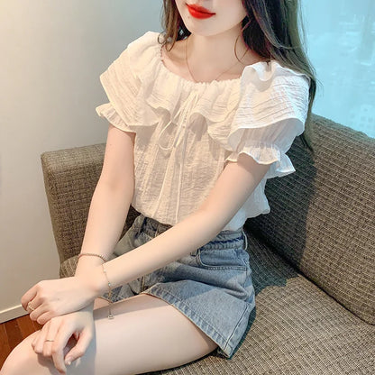Short Sleeve Shirts Womens Mesh Pleated Pintucked Loose Tunic Casual Club Fairycore Trendy Urban Student Artistic Youthful