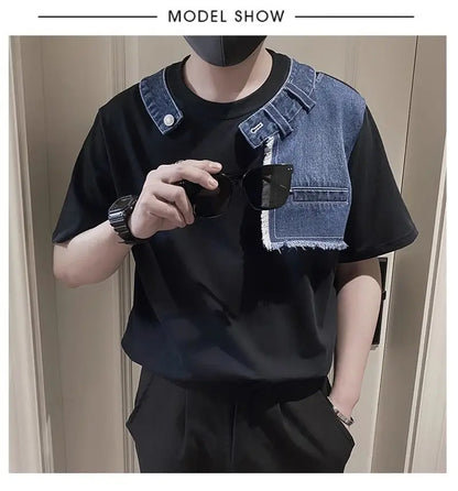 Men Trendy Vintage Denim Patchwork Design Tees Summer Short Sleeve Luxury Chic T Shirt Casual Round Neck Loose Tops Ropa Hombre  ( Available )