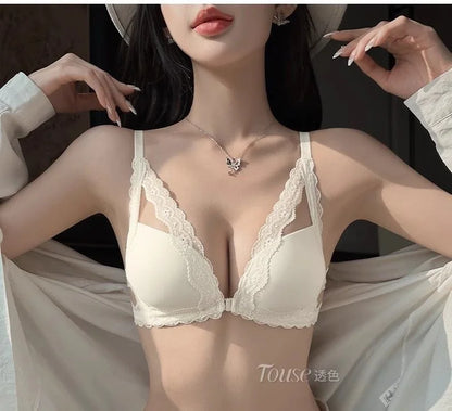 Front button underwear ladies small breasts gathered 2025 spring summer new sexy pure lace white beautiful back bra set