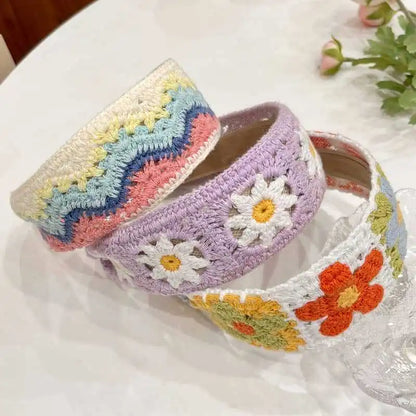 Sweet Embroidery Flower Kids Hair Hoops Colorful Knit Woolen Autumn Winter Wide Hairband for Girl Headwear