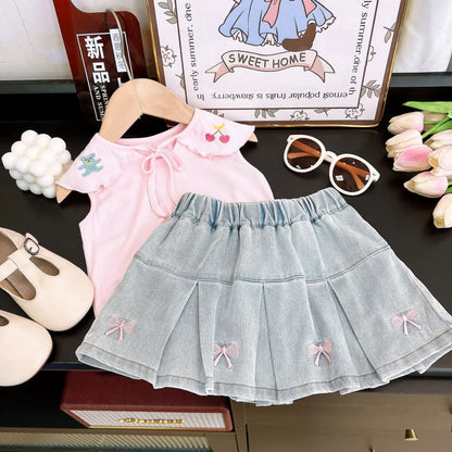 Children's Clothing Sets Cartoon Embroidered Lapel Sleeveless Top + Bow Embroidered Denim Skirt 2pcs Baby Girl Outfit Set