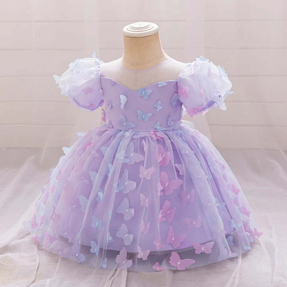 Toddler Girl Party Dress Colorful Gradient 3D Butterfly Prom Gown Girl Bow Lace Birthday Wedding Princess Summer Dresses Evening