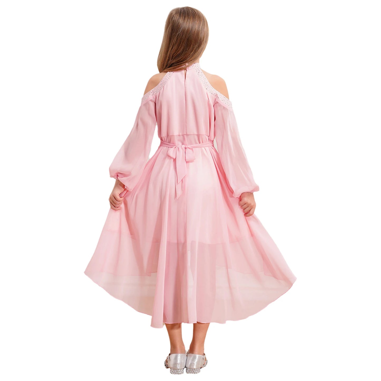 Kids Girls Elegant Party Dress Halter Off-shoulder High Waist Ruffled Chiffon Dresses Wedding Birthday Pageant Evening Prom Gown