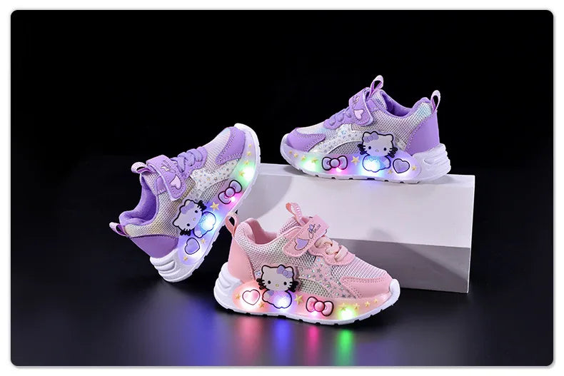 Hello Kitty Led Casual Sneakers for Summer Girls Print Mesh Breathable Shoes Children Lighted Non-Slip Cute Outdoors Sport Shoes