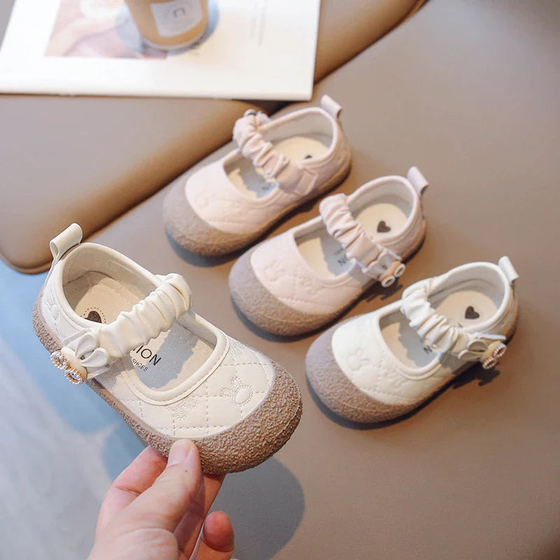 Girl's Mary Janes Cute Flat Sewing Pu Leather Little Children Leather Shoes Pu 21-30 Hook-loop Anti-slip Lovely Kids Spring Shoe