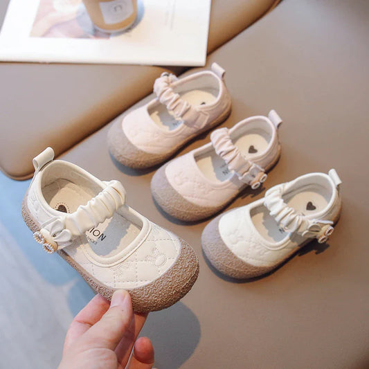 Girl's Mary Janes Cute Flat Sewing Pu Leather Little Children Leather Shoes Pu 21-30 Hook-loop Anti-slip Lovely Kids Spring Shoe