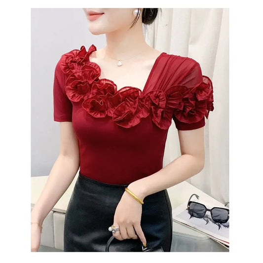 Faionable Floral Lace Ear ort Sve Slimming Me oulder Bared T-Shirt Women's Casual Sle Polyester Fabric Tee irt