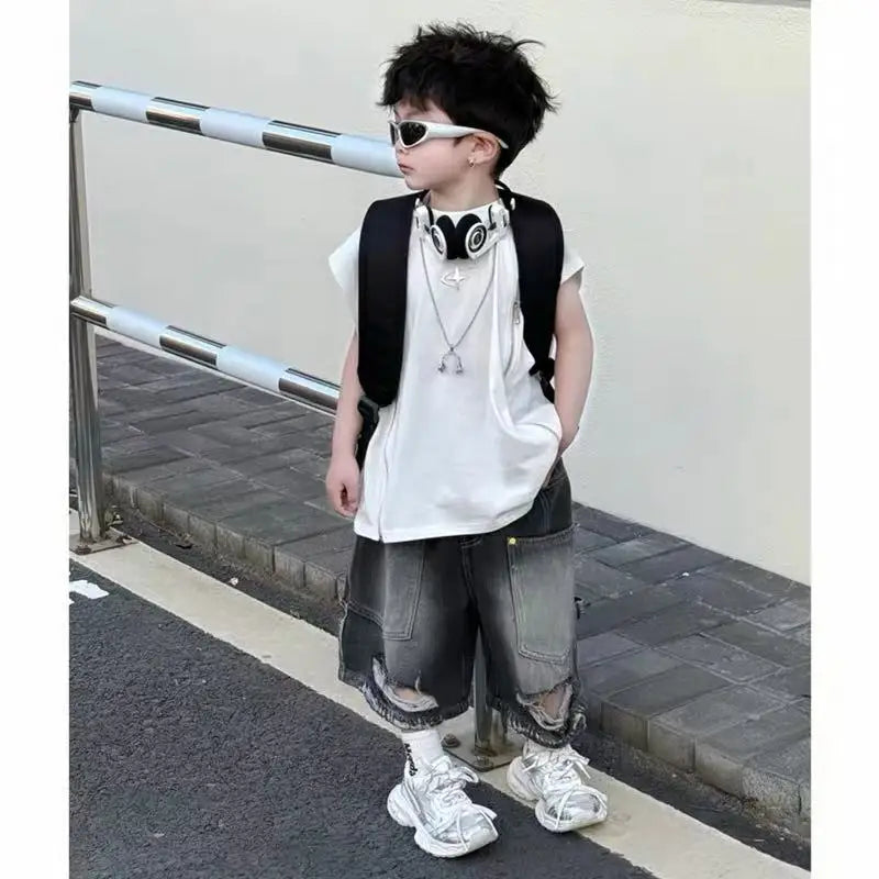 Boy Handsome Korean Version Sleeveless Vest + Retro Ripped Denim Shorts Two-piece Set Children's Casual Loose Set