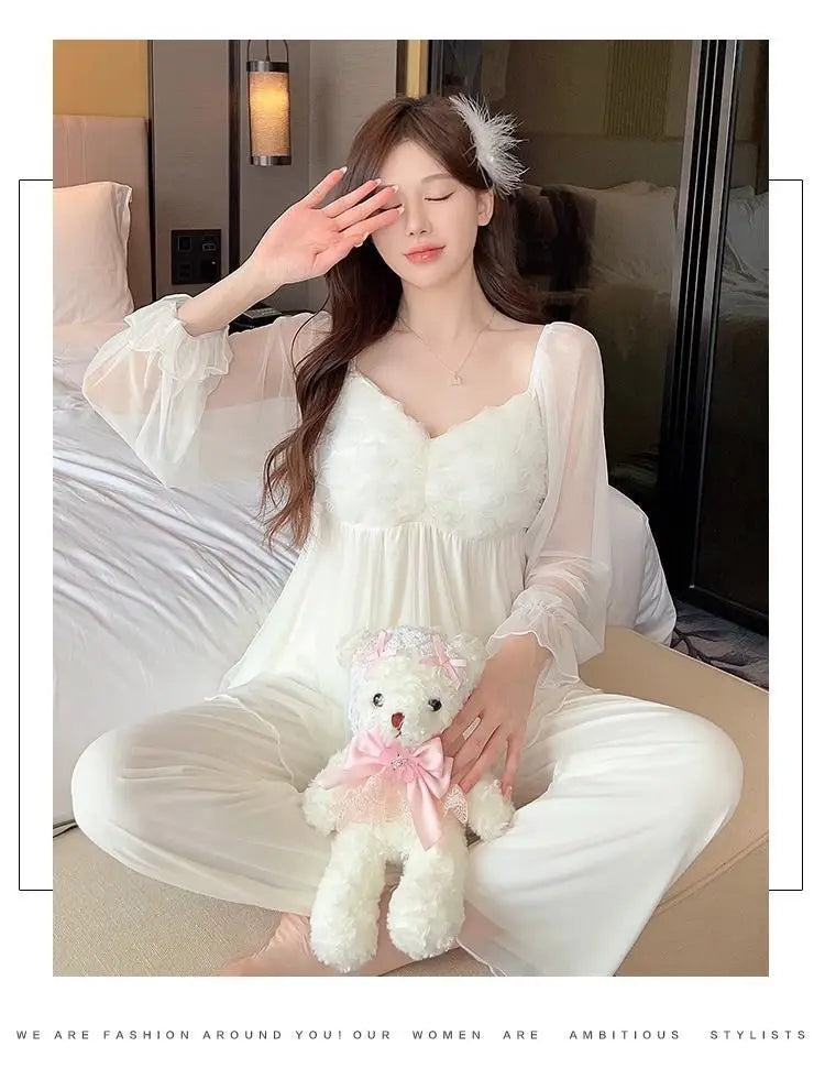New Hot Luxury Elegant Long Sleeve Pajamas Set With Padded Bra Mesh Plus Size Women For Home Spring Autumn Summer Loungewear
