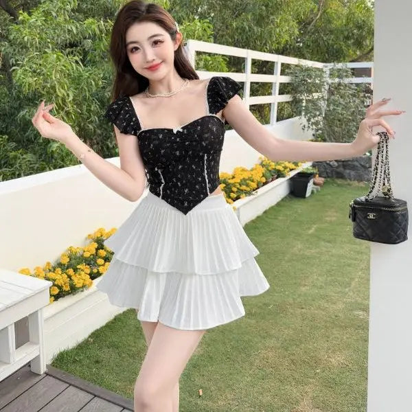 Summer New Pure Desire Sweet Floral Print off oulder Crop Top Slimming  with Chest Pad Versatile Women's Vest