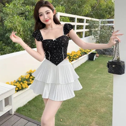 Summer New Pure Desire Sweet Floral Print off oulder Crop Top Slimming  with Chest Pad Versatile Women's Vest