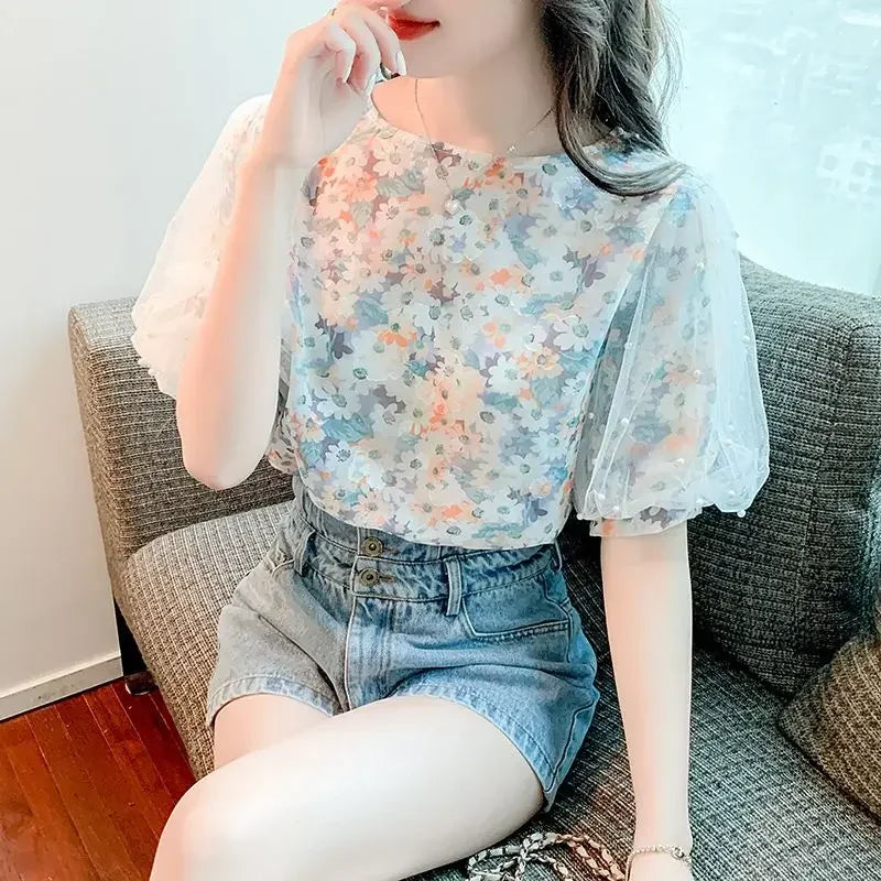 Floral Short-sleeved Chiffon Women's New Puff Sleeve Top Chic and Fashionable Shirt