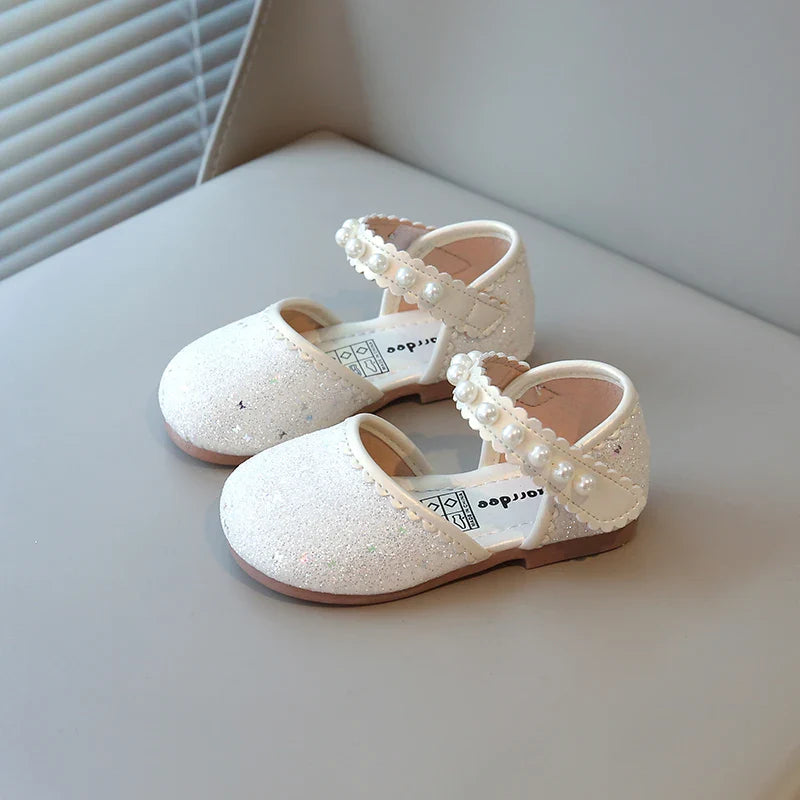 Girl's Princess Shoes Pearl Round Toe Glitter Sweet Kid's Flat Shoe Solid Colors Anti-slip Cute Party Daily Children Shoe
