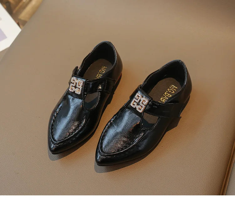 Fashion Girls' Shoes  Autumn New Kids Formal Pointed Leather Shoes Simple Versatile Girls' Rhinestone Casual Shoes Zapatos (Available)