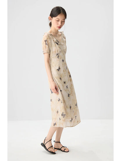 ZIQIAO Chiffon Summer Long Dress Sleeveless Bow Print Female A-LINE Dress Short Sleeve Polyester Dress24ZQ92353+24ZQ92319