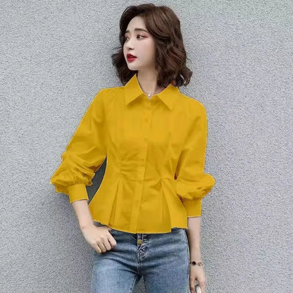 Stylish Lapel Button Spliced All-match Folds Lantern Sleeve Shirt Women's Clothing 2022 Autumn New Casual Tops Loose Chic Blouse