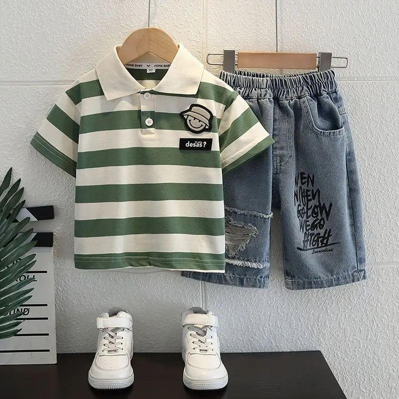 Boys 2025 Summer Outfit T-Shirt and Jeans Korean Polo Fashion 2PCS Casual Clothing Korean Reviews Top Toddler Kids Clothes Sets (Available )