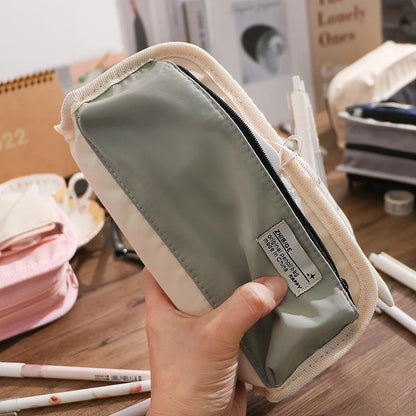 Outdoor Style Pencil Bag Pen Case Hitting Color Canvas 3 Layer Pocket Storage Pouch for Stationery School