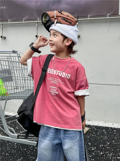 Pure Cotton Children's Short Sleeved Simple Trendy Letters Faded and Worn Half Sleeved T-shirts Boys Girls Stylish
