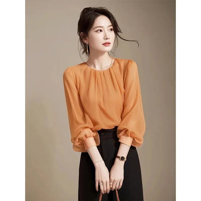 Autumn Winter Ladies Solid Color Blouse Jacket 2025 Female Long Sleeves Tops Coat Korean Women Fashion Round Neck Chiffon Shirt