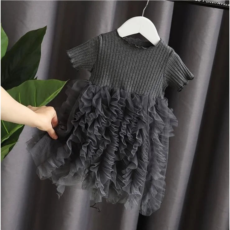 1-5 Years Kid Girl Party Dress Summer Solid Short Sleeve Lace Ribbed Mesh Dress Birthday&Wedding Party Clothing for little Girls