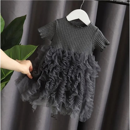 1-5 Years Kid Girl Party Dress Summer Solid Short Sleeve Lace Ribbed Mesh Dress Birthday&Wedding Party Clothing for little Girls