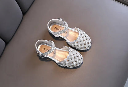 Children Spring Summer Korean Version Dance Shoes Girls Pearl Show Shoes Girl Rhinestone Princess Lace Leather Shoes Solid Color