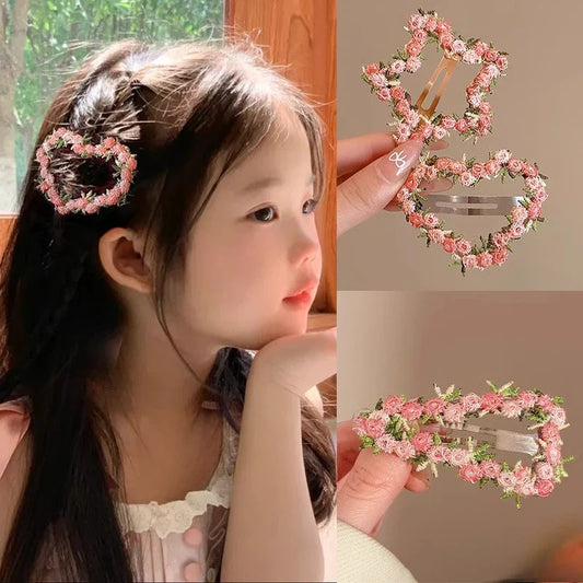 Pink Embroidered Flower Hairpin for Girls Kids Hair Clip Bangs Side Hair Accessory Barrettes
