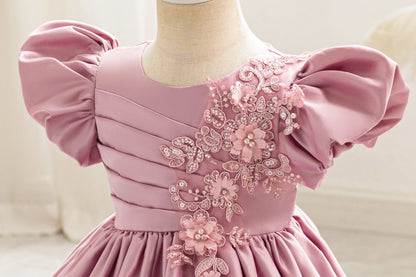 Girls' birthday dresses, bubble sleeves, three-dimensional flower party dresses, holiday dresses, girls' satin dresses, princess