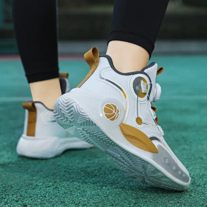 Children Basketball Shoes Boys Sports Comfortable Non Slip Flat Fitness Shoes  New Rotating Button Sports Sneakers for Kids