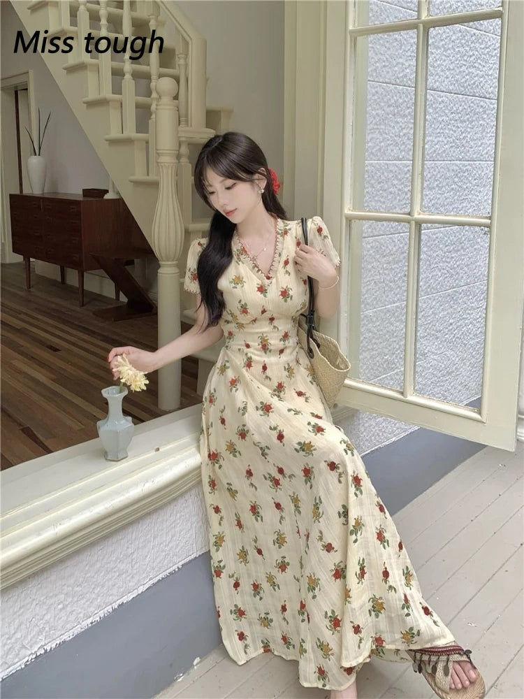 Vintage Floral Dress Women Elegant Lace Chiffon Korean Party Dress Puff Sleeve V Neck Midi Dress Fall Dresses for Women 2024