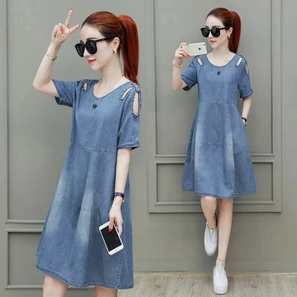 Short sleeved Denim Dress Summer Women's 2024 New College style Fashion Student Loose Dress With pockets Casual Clothing