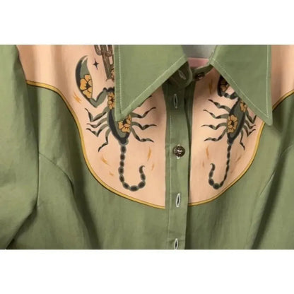 Women's Western Shirt Dress with Music Notes and Dolphin Print Cowboy Collar Button Up Pure Cotton Midi Dress Casual Boho Style