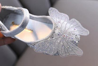 Girls Leather Shoes Children's Lace Butterfly Rhinestone Pearls Beading Performance Single Shoes Fashion Weeding Kids Shoes