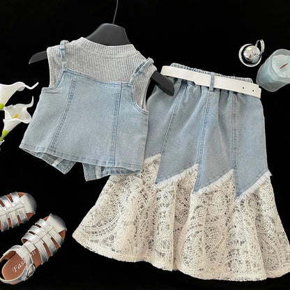 Girls Baby Summer Clothing Set Denim 4pcs Suits Top Vests+Tees+lace Skirts+Belt,fashion Kids Children Birthday Casual Clothes