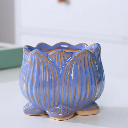 Ceramic Lotus Design Succulent Plant Pot Flower Pot Bonsai Vase with A Hole Lotus Planter Container Garden Home Decor