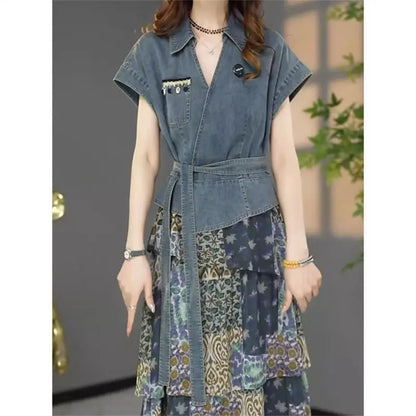 Women's Summer Dress Fake Two Piece Cowboy New Vintage Simple Loose Casual Design Fashion Advanced Soft Niche Versatile Skinny