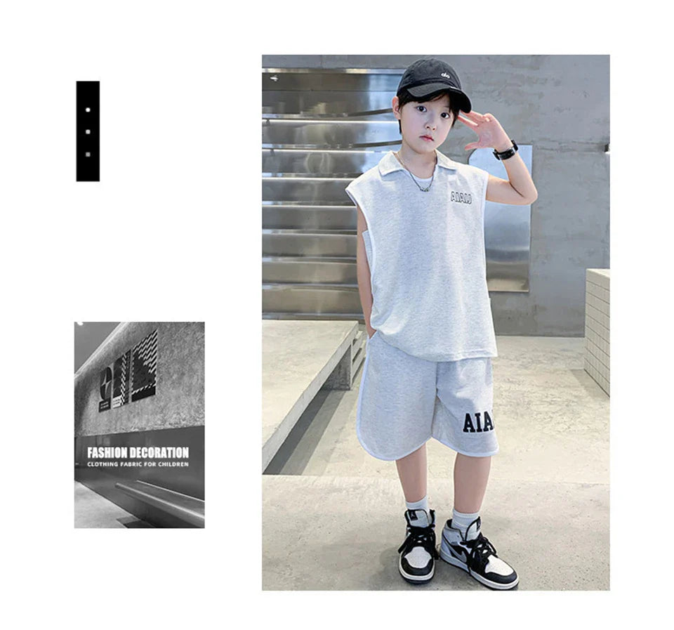 Boys Clothing Set American Style Children Vintage Vest Casual Sport Loose Pullover Sleeveless T-shirt Top Shorts Two-piece Set