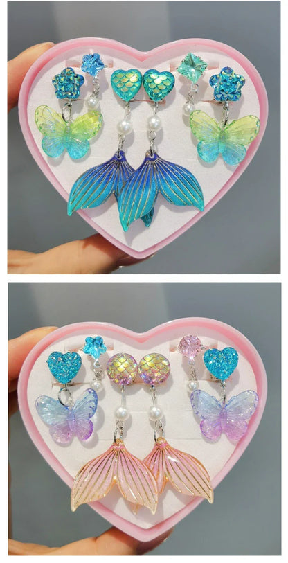 3pair Cute Children Ear Clip Earrings for Girl Without Ear Holes Sweet Mermaid Baby Ear Clip Set
