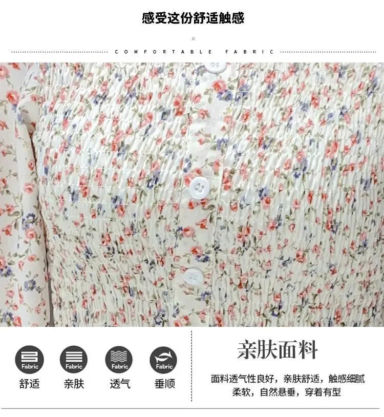 2025 Floral Chiffon Shirt New Spring Summer Women Collect Waist Hollow Out Tops Vintage Blouse Women Longsleeve Short Shirt 3XL