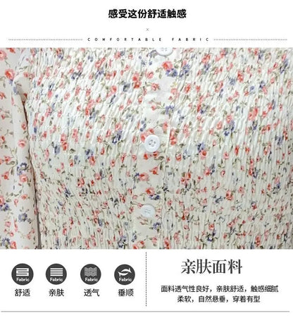 2025 Floral Chiffon Shirt New Spring Summer Women Collect Waist Hollow Out Tops Vintage Blouse Women Longsleeve Short Shirt 3XL