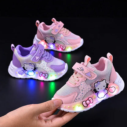 Hello Kitty Led Casual Sneakers for Summer Girls Print Mesh Breathable Shoes Children Lighted Non-Slip Cute Outdoors Sport Shoes